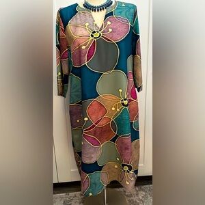 Floral Print Three Quarter Sleeve V Neck Dress Teal & Purple Sz LG NEW!